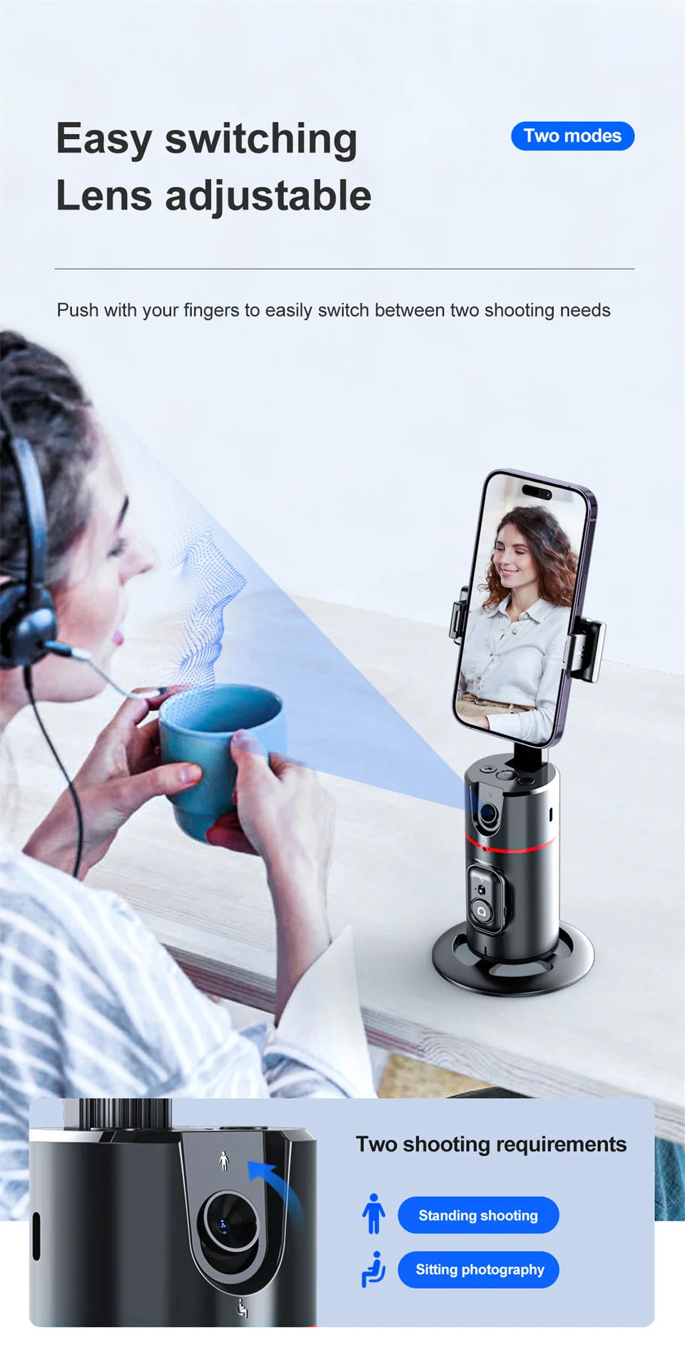 Soporte de teléfono con seguimiento facial automático, rotación de 360 grados, operación de gestos plegable para teléfono inteligente móvil, Vlog, transmisión en vivo